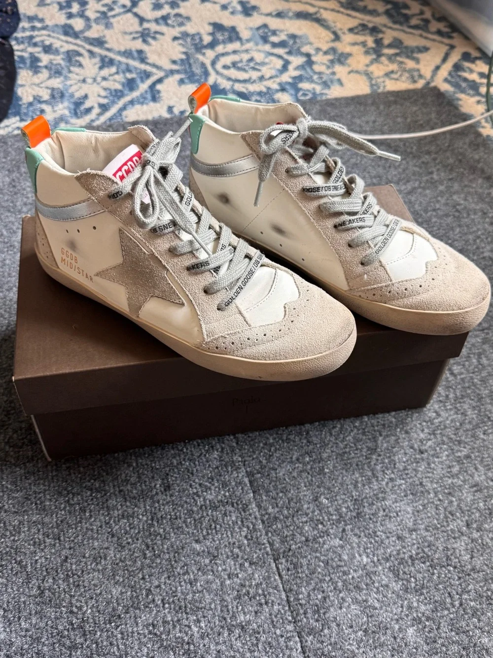 Golden Goose Mid Star High Top Sneakers White Silver Glitter EU 38 Distressed - Picture 1 of 10